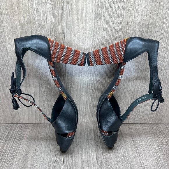 Camper Tassel Tie Boho Sandals Womens 40 Block High Heels T-Strap Leather Black - Picture 7 of 13